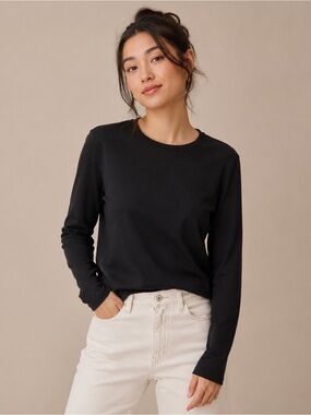 Quince Organic Cotton Long Sleeve Crew Neck Tee Black Size L